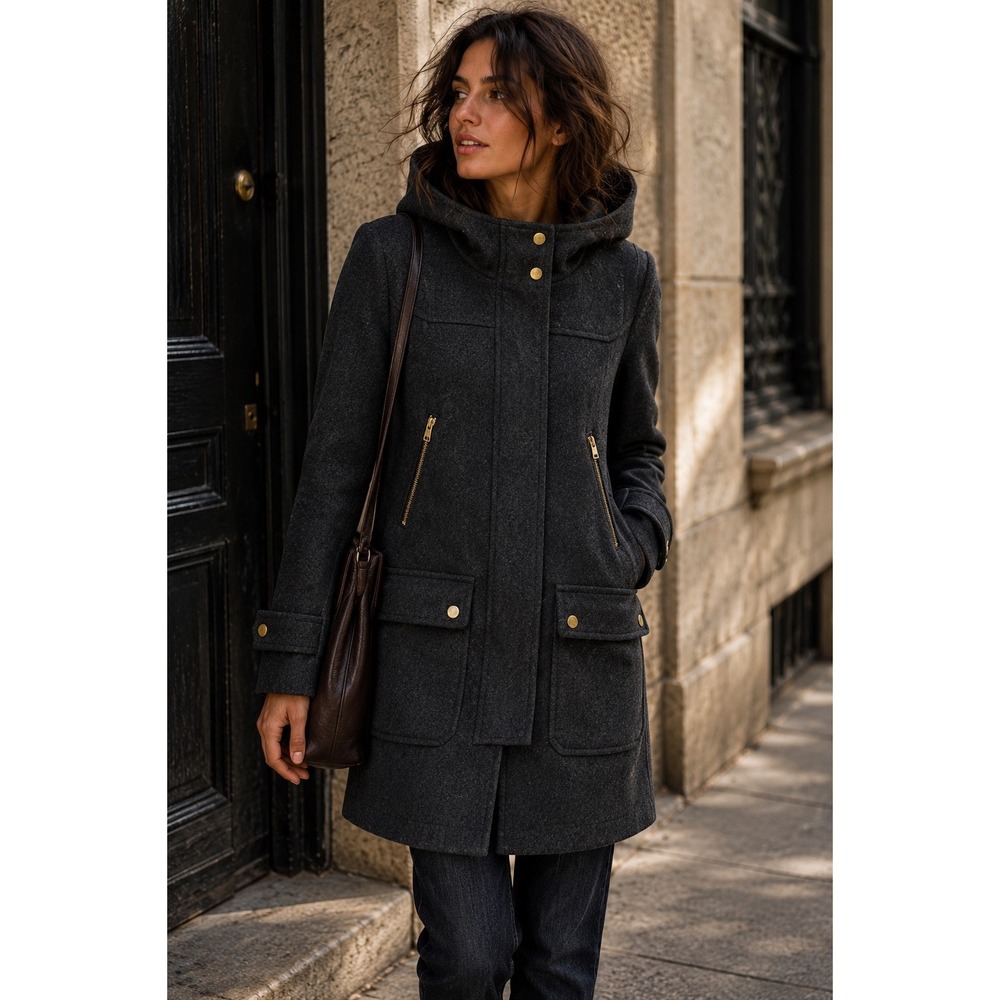 J.Crew Chateau Parka Women 8 Charcoal Grey Italian Melton Wool Hooded Coat A8904